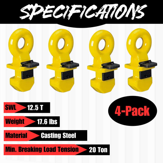 Black, white and red image. White text against black background noting this is an image about specifications. Has four yellow lifting lugs and notes it's a 4-pack in the middle of the image. Has specifications including SWL 12.5 t, weight 17.6 lbs, material casting steel, and minimum breaking load tension 20 ton. A Container Nut logo is in the bottom right corner.