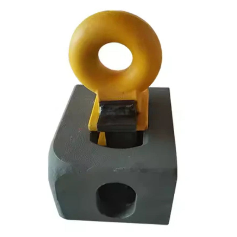 Load image into Gallery viewer, A Top Lifting Lug from the Container Nut brand is showcased in an image with a white background, featuring its geometric and industrial design. The yellow, circular ring structure is mounted on top of a gray, cube-shaped object with circular holes on three sides, all connected by a small black platform.
