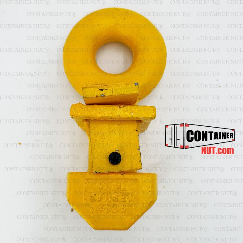 Load image into Gallery viewer, The Top Lifting Lug by Container Nut is a yellow industrial lifting eye bolt with a circular eye at the top and a threaded shaft at the bottom. It features an integrated black swivel latch for secure attachment to lifting equipment, with a smooth surface finished in bright yellow paint.
