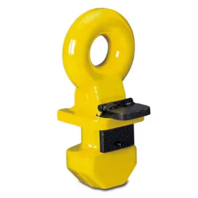 Load image into Gallery viewer, The Top Lifting Lug by Container Nut is a yellow industrial lifting eye bolt with a circular eye at the top and a threaded shaft at the bottom. It features an integrated black swivel latch for secure attachment to lifting equipment, with a smooth surface finished in bright yellow paint.
