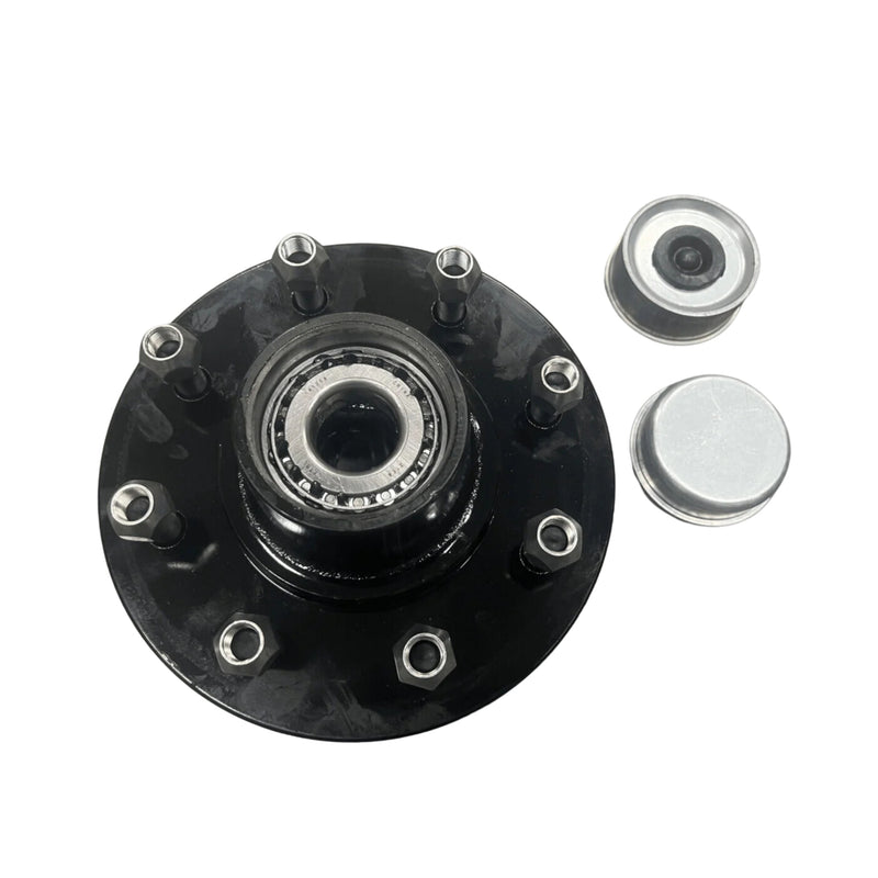 Load image into Gallery viewer, A Container Nut Trailer Idler Hub, featuring a black finish and six bolts, is placed on a white background. Next to it, on the right side, are two metallic hub covers, with one showing a visible inner part.
