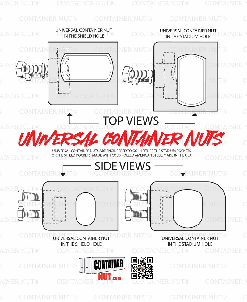 Load image into Gallery viewer, Diagram illustrating top and side views of the Universal Container Nut in both shield and stadium holes. Accompanying text indicates that they are designed to fit seamlessly into either stadium pockets or shield pockets. The bottom includes the Container Nut logo and a QR code for additional information. The product is silver in color. 
