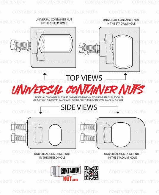 Diagram illustrating top and side views of the Universal Container Nut in both shield and stadium holes. Accompanying text indicates that they are designed to fit seamlessly into either stadium pockets or shield pockets. The bottom includes the Container Nut logo and a QR code for additional information. The product is silver in color. 