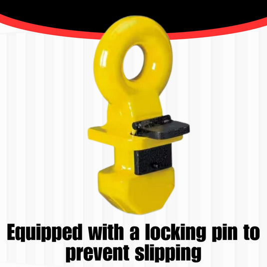 Depicts one yellow lifting lug dead center of the image, with logo Container Nut next to it in upper right. There's also a black and red circle underneath the top of the lug that goes the length of the image. Has text "Equipped with a locking pin to prevent slipping".