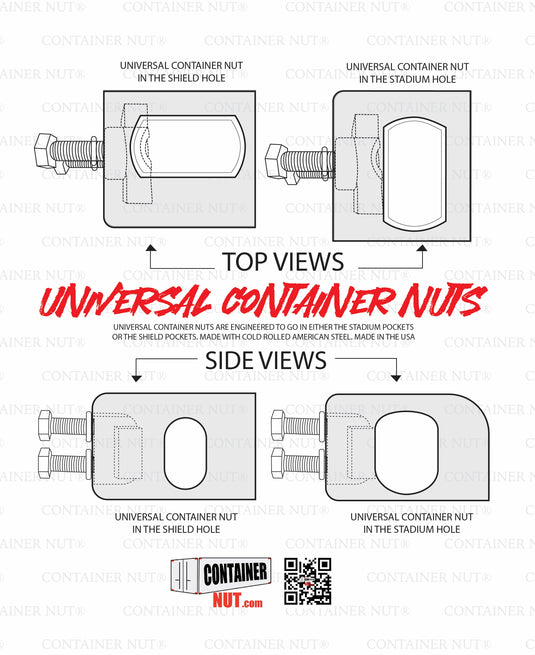 Diagram illustrating top and side views of the Universal Container Nut in both shield and stadium holes. Accompanying text indicates that they are designed to fit seamlessly into either stadium pockets or shield pockets. The bottom includes the Container Nut logo and a QR code for additional information. The product is silver in color.