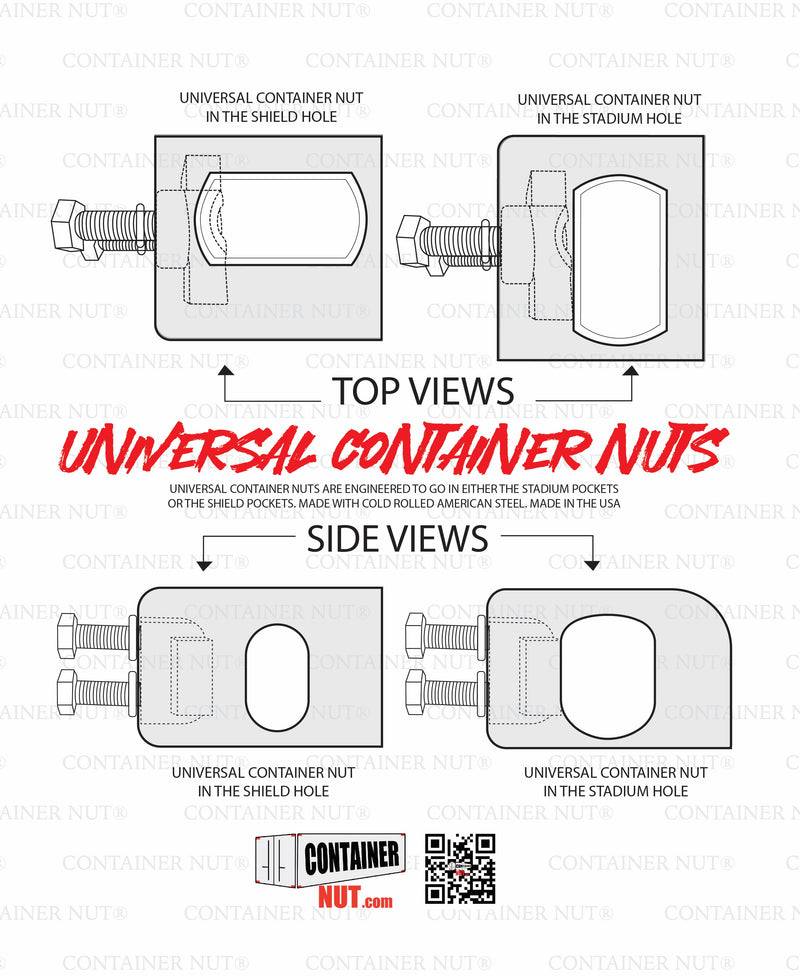 Load image into Gallery viewer, Diagram illustrating top and side views of the Universal Container Nut in both shield and stadium holes. Accompanying text indicates that they are designed to fit seamlessly into either stadium pockets or shield pockets. The bottom includes the Container Nut logo and a QR code for additional information. The product is silver in color.
