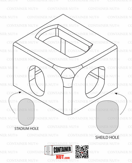 Technical drawing of a rectangular box with cutout holes on its sides labeled as "Stadium Hole" and "Shield Hole." The box features rounded edges. The watermark “Container Nut” is repeated in the background. The "Container Nut" logo is at the bottom. 