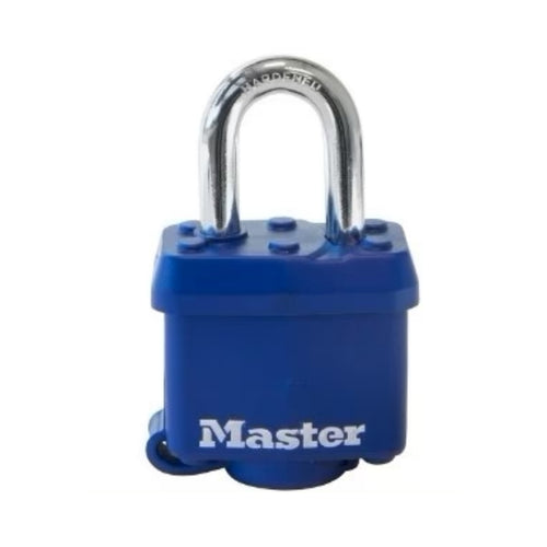 The image showcases a Covered Laminated Padlock from Master Lock featuring a blue body and a silver shackle, with the brand name 