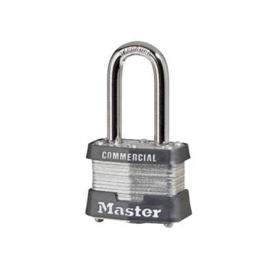 A Laminated Steel Padlock from Master Lock, featuring a silver and grey design with a hardened steel shackle. The padlock has ribbed sides, with 