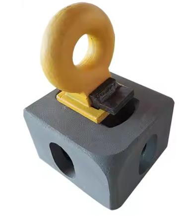 Load image into Gallery viewer, Yellow Shipping Container Top Lifting Lug inserted into dark ISO Corner Casting.
