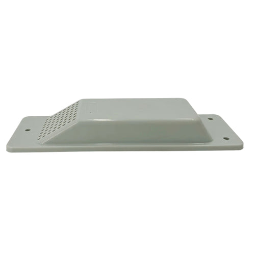 A silver ABS plastic Air Vent by Container Nut lies flat against a white background. The rectangular vent cover features a slotted area for ventilation and has four mounting holes, one at each corner, for securing it in place.