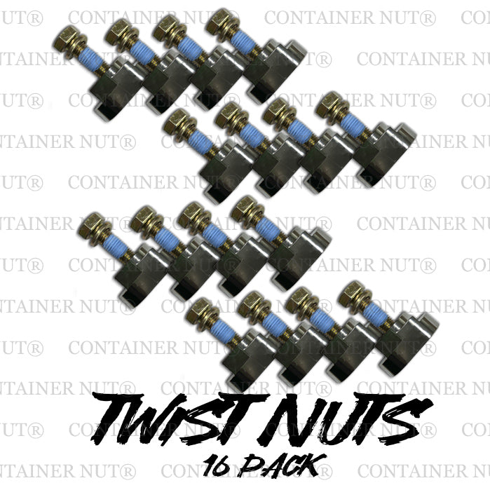 Load image into Gallery viewer, A grid of silver Twist Nuts is set against a background featuring repeated &quot;Container Nut®&quot; text. At the bottom of the image, &quot;Twist Nuts 16 Pack&quot; is prominently displayed in a bold, stylized font.
