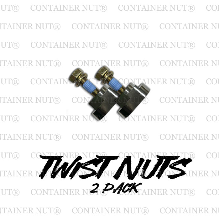 Load image into Gallery viewer, Image of a product package featuring two silver Twist Nuts with attached bolts. The background displays a repeating &quot;Container Nut®&quot; pattern, and the text &quot;Twist Nuts 2 Pack&quot; is prominently displayed at the bottom in a bold, handwriting-style font.
