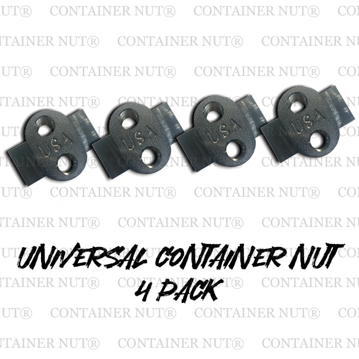 Load image into Gallery viewer, Image depicting four silver Universal Container Nuts arranged in a row. The nuts are marked with &quot;USA&quot; and have two holes each. Below the nuts, the text &quot;UNIVERSAL CONTAINER NUT 4 PACK&quot; is displayed in bold, stylized font.
