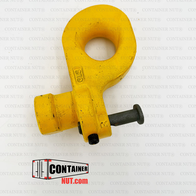 Load image into Gallery viewer, A yellow Bottom Lifting Lug, designed by Container Nut for securing shipping containers, with a cylindrical pin extending from its base. The background features a repeated watermark with the text &quot;CONTAINER NUT®&quot;. The &quot;CONTAINER NUT.COM&quot; logo is also visible in the lower left corner.
