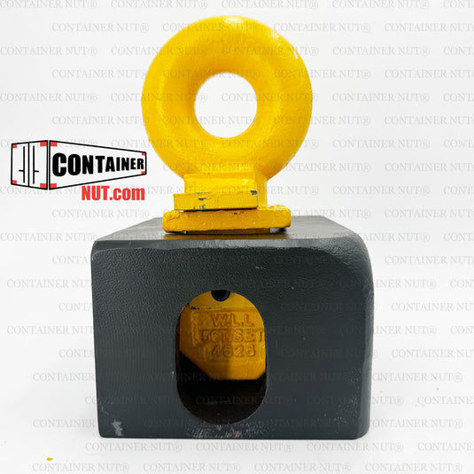 Yellow Shipping Container Top Lifting Lug inserted into dark ISO Corner Casting.