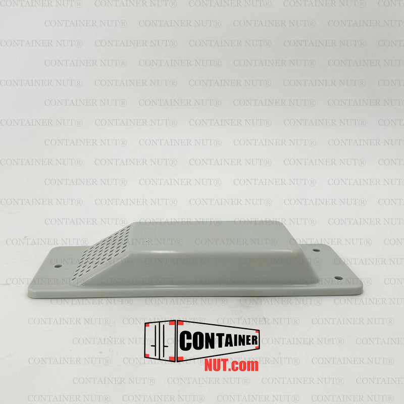 Load image into Gallery viewer, A silver ABS plastic Air Vent by Container Nut lies flat against a gray background. The rectangular vent cover features a slotted area for ventilation and has four mounting holes, one at each corner, for securing it in place.
