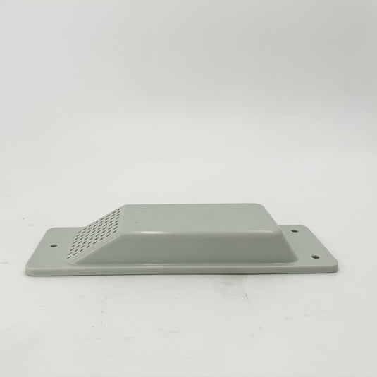 A silver ABS plastic Air Vent by Container Nut lies flat against a gray background. The rectangular vent cover features a slotted area for ventilation and has four mounting holes, one at each corner, for securing it in place.